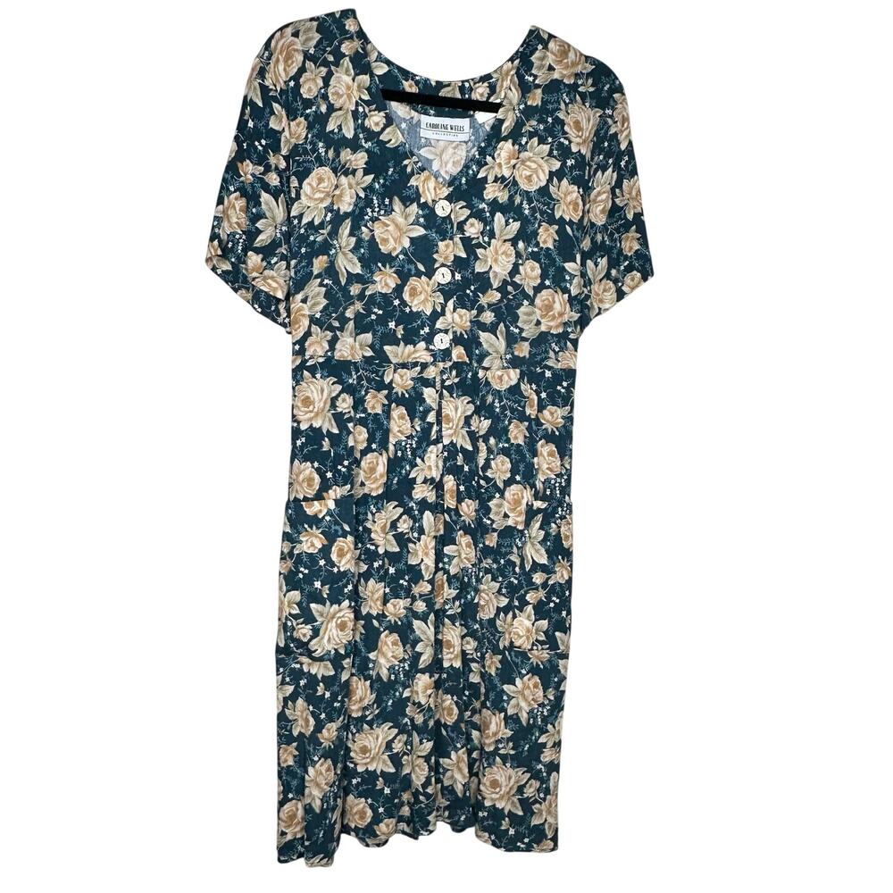 Vintage Caroline Wells 90s Floral Midi Dress Cottagecore Prairie Size Small